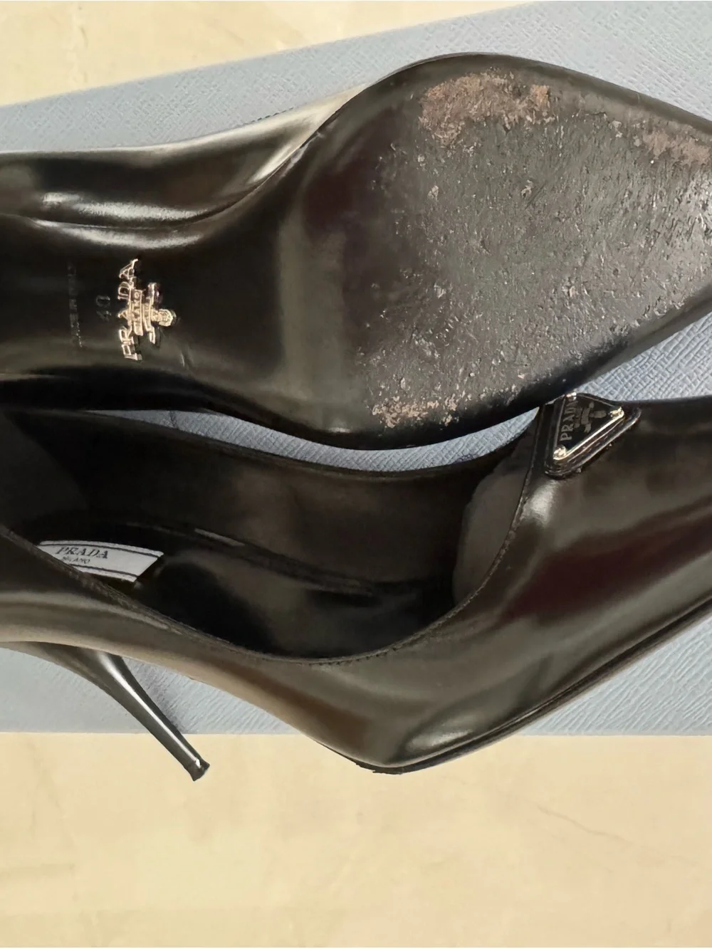 Prada Black Patent Pointed-Toe Pumps with Triangle Logo